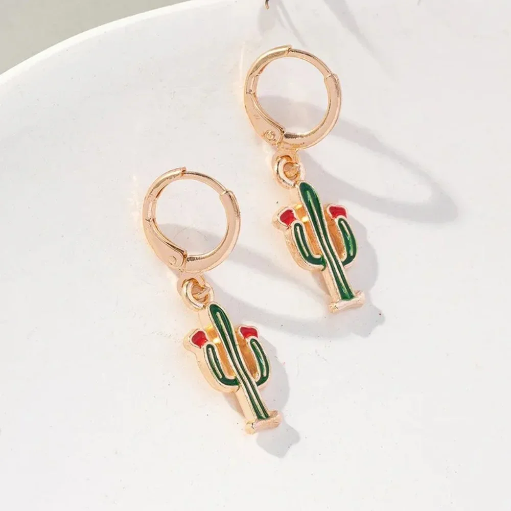 Gold & Green Desert Cactus Western Southwestern Dangle Huggie Earrings NEW - Picture 1 of 7